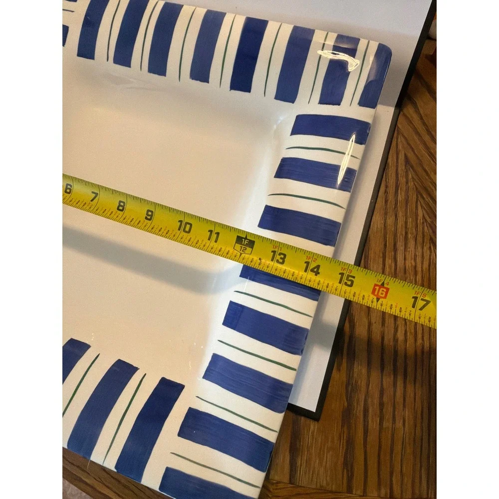 Pfaltzgraff Square Serving Platter‎ Blue Green Striped White Ceramic 16 Inch